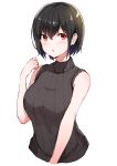  1girl :o absurdres bangs bare_arms bare_shoulders black_dress black_hair breasts colored_eyelashes copyright_request dress eyebrows_visible_through_hair hand_up highres maeshimashi medium_breasts open_mouth red_eyes shiny shiny_hair short_hair simple_background sketch sleeveless sleeveless_dress solo sweater sweater_dress tareme upper_body white_background 