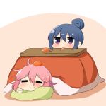  2girls =_= blue_hair blush chibi closed_mouth eating eyebrows_visible_through_hair food food_on_head fruit green_pillow hair_between_eyes hair_bun kagamihara_nadeshiko kotatsu long_sleeves lying mandarin_orange motion_lines multiple_girls object_on_head on_stomach pink_hair shima_rin sitting smile table twumi violet_eyes yurucamp 