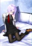  1girl ankle_boots bare_shoulders bed bed_frame bed_sheet black-framed_eyewear black_dress black_legwear boots brown_footwear collared_dress dress fate/grand_order fate_(series) fujimon full_body glasses hair_over_one_eye head_tilt highres indoors jacket long_sleeves looking_at_viewer mash_kyrielight necktie off_shoulder on_bed open_clothes open_jacket pantyhose parted_lips pillow pink_hair red_neckwear short_hair sitting solo violet_eyes yokozuwari 