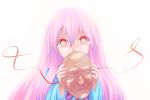  1girl commentary_request eyebrows_visible_through_hair hair_between_eyes hata_no_kokoro highres jellyring long_hair long_sleeves looking_at_viewer mask pink_hair red_eyes red_string simple_background solo string tears touhou upper_body white_background wide-eyed 