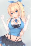 1girl bangs bare_shoulders blonde_hair blue_eyes blush breasts cleavage cleavage_cutout contrapposto cowboy_shot elbow_gloves eyebrows_visible_through_hair flower gloves hair_ribbon head_tilt highres large_breasts long_hair looking_at_viewer midriff mirai_akari mirai_akari_project navel pleated_skirt ranju_aira ribbon rose side_ponytail sidelocks simple_background skirt smile solo suspender_skirt suspenders virtual_youtuber w_arms white_gloves 