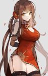  1girl breasts bridal_gauntlets brown_eyes brown_hair china_dress chinese_clothes cleavage cleavage_cutout cowboy_shot dress dsr-50_(girls_frontline) flower garter_straps girls_frontline hair_flower hair_ornament large_breasts long_hair mid_(gameshe) panties pantyshot pantyshot_(standing) simple_background solo standing thigh-highs underwear 