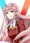  1girl aqua_eyes commentary_request darling_in_the_franxx hairband horns kanna_(plum) long_hair necktie pilot_suit pink_hair signature straight_hair tongue tongue_out twitter_username white_hairband zero_two_(darling_in_the_franxx) 