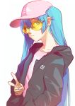  1girl absurdres alternate_costume baseball_cap blue_eyes blue_hair closed_mouth collarbone ear_piercing eyebrows_visible_through_hair hand_in_pocket hat hatsune_miku highres hood hood_down hooded_jacket jacket long_hair long_sleeves looking_at_viewer open_clothes open_jacket piercing pine_(yellowpine112) pink_hat simple_background solo sunglasses twintails v very_long_hair vocaloid white_background yellow-tinted_glasses 