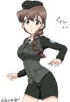  1girl :o alternate_costume artist_name bangs beret black_hat black_jacket black_neckwear black_skirt braid brown_eyes brown_hair bukkuri character_name cowboy_shot dated dress_shirt emblem girls_und_panzer hair_over_shoulder hair_tie hat jacket japanese_tankery_league_(emblem) long_hair long_sleeves looking_at_viewer military military_hat military_uniform miniskirt necktie parted_lips pencil_skirt rukuriri selection_university_(emblem) selection_university_military_uniform shirt signature simple_background single_braid skirt solo standing uniform v-shaped_eyebrows white_background white_shirt wing_collar 