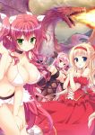  3girls arisue_tsukasa bare_shoulders bikini_top black_neckwear blonde_hair blue_eyes bow breasts choker cleavage closed_mouth demon_girl detached_sleeves dragon dress elf eyebrows_visible_through_hair fantasy finger_to_mouth fire green_eyes hair_bow hairband hands_clasped harem large_breasts long_hair looking_at_viewer multiple_girls original own_hands_together pink_hair pointy_ears princess red_bow red_dress red_eyes red_hairband red_neckwear redhead smile strapless strapless_dress succubus two_side_up 