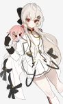  2girls chibi girls_frontline gloves hair_ornament hair_ribbon hairclip heart highres iws-2000_(girls_frontline) long_hair looking_at_viewer mid_(gameshe) military military_uniform multiple_girls negev_(girls_frontline) pink_hair pleated_skirt red_eyes ribbon silver_hair sketch skirt smile thigh-highs uniform 