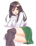  1girl black_legwear brown_eyes brown_hair dated green_skirt horns kangoku_kou kantai_collection kisaragi_(kantai_collection) long_hair looking_at_viewer lying on_side open_mouth pleated_skirt ribbed_sweater simple_background skirt smile solo sweater thigh-highs twitter_username white_background white_sweater 