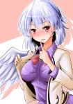  1girl blush breasts breasts_apart brooch collared_shirt commentary_request ear eyebrows_visible_through_hair finger_to_mouth highres jacket jewelry kishin_sagume large_breasts long_sleeves looking_at_viewer neck nose_blush open_mouth oshiaki purple_shirt red_eyes shirt short_hair shushing silver_hair single_wing solo sweatdrop touhou upper_body white_jacket wings 