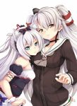  2girls amatsukaze_(kantai_collection) animal_ears aniqi ascot azur_lane bangs bare_shoulders black_bow black_choker black_dress blue_eyes bow breasts brown_dress brown_eyes brown_neckwear cat_ears cat_hair_ornament choker chrisandita closed_mouth collaboration collarbone commentary_request crossover dress eyebrows_visible_through_hair from_side hair_between_eyes hair_bow hair_ornament hair_ribbon hair_tubes hammann_(azur_lane) hat head_tilt kantai_collection lifebuoy long_hair long_sleeves medium_breasts mini_hat multiple_girls puffy_short_sleeves puffy_sleeves red_ribbon remodel_(azur_lane) ribbon sailor_collar sailor_dress see-through short_sleeves sidelocks silver_hair simple_background small_breasts smokestack twintails very_long_hair white_background white_sailor_collar windsock wrist_cuffs 