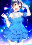  1girl arm_up bangs bare_shoulders blue_hair blush choker commentary_request cowboy_shot dress earrings eyebrows_visible_through_hair flower gloves hair_between_eyes hair_ornament head_wreath jewelry long_hair looking_at_viewer love_live! love_live!_school_idol_project marshall_(wahooo) open_mouth smile solo sonoda_umi thigh-highs white_gloves white_legwear yellow_eyes yume_no_tobira 