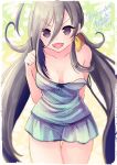  1girl :d absurdres ahoge bare_shoulders blurry blush breasts camisole cleavage collarbone cowboy_shot dated depth_of_field eyebrows_visible_through_hair grey_hair hair_between_eyes hair_ornament highres kantai_collection kiyoshimo_(kantai_collection) kururuduki long_hair looking_at_viewer low_twintails medium_breasts open_mouth polka_dot polka_dot_shorts pulled_by_self shorts smile solo spaghetti_strap standing strap_pull strap_slip tareme thigh_gap twintails twitter_username unmoving_pattern v-shaped_eyebrows very_long_hair violet_eyes 