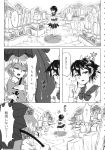  2girls bow bowtie comic dress graveyard greyscale highres horns karakasa_obake kijin_seija long_sleeves monochrome multicolored_hair multiple_girls opagi sandals short_hair short_sleeves streaked_hair tatara_kogasa tongue touhou translation_request umbrella vest 