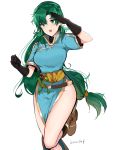  1girl :d absurdres alternate_hairstyle arm_up asymmetrical_bangs bangs belt black_gloves blue_dress blush boots braid breasts brown_footwear crown_braid dotentity dress earrings elbow_gloves eyebrows_visible_through_hair fire_emblem fire_emblem:_rekka_no_ken fire_emblem_heroes gloves green_eyes green_hair groin high_ponytail highres jewelry knee_boots large_breasts leg_up long_hair looking_at_viewer low-tied_long_hair lyndis_(fire_emblem) medium_breasts open_mouth pelvic_curtain ponytail round_teeth salute sash sharena short_sleeves simple_background smile solo standing standing_on_one_leg teeth thighs twitter_username very_long_hair white_background 