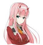  1girl arms_at_sides bangs blush closed_mouth commentary_request darling_in_the_franxx eyebrows_visible_through_hair green_eyes horns jacket kohakope long_hair looking_at_viewer necktie orange_neckwear pink_hair red_jacket short_necktie simple_background smile solo very_long_hair white_background zero_two_(darling_in_the_franxx) 