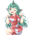  1girl :3 absurdres akiteru98 blush collared_shirt commentary_request curly_hair eyebrows_visible_through_hair fang green_eyes green_hair highres horns komano_aun looking_at_viewer one_eye_closed paw_pose red_shirt red_shorts shirt shorts simple_background smile solo standing standing_on_one_leg touhou white_background wing_collar 