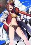  &gt;:d 1girl absurdres bikini blue_sky breasts brown_hair checkered checkered_flag cleavage clouds fate/grand_order fate_(series) groin hand_on_hip hat highres long_hair medium_breasts navel oda_nobunaga_(fate) oda_nobunaga_(swimsuit_berserker)_(fate) over_shoulder red_eyes saamon_(dream81come) sky solo swimsuit swimsuit_under_clothes sword sword_over_shoulder weapon weapon_over_shoulder 