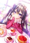  1girl black_hair closed_mouth cup eyebrows_visible_through_hair food hair_ornament hairclip heart long_hair looking_at_viewer nae-nae original pancake plate smile solo spaghetti_strap strawberry_syrup strawberry_tart table tart_(food) tea teacup tiramisu two_side_up upper_body violet_eyes 