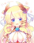  1girl :d animal_ears azur_lane bangs blonde_hair blue_eyes blush breast_suppress breasts cat_ears cat_tail cleavage commentary eyebrows_visible_through_hair fang flower_ornament gloves hair_ornament large_breasts laurel_crown long_hair looking_at_viewer open_mouth paw_gloves paw_pose paws ribbon sakurato_ototo_shizuku smile solo tail upper_body veil victorious_(azur_lane) wrist_ribbon 