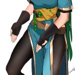  1girl belt black_gloves black_legwear blue_dress dotentity dress fingerless_gloves fire_emblem fire_emblem:_rekka_no_ken gloves green_hair highres long_hair lower_body lyndis_(fire_emblem) pantyhose pelvic_curtain print_legwear sash short_sleeves side_slit simple_background solo standing thighs twitter_username very_long_hair white_background 