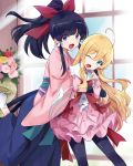  2girls :d ;d ahoge black_eyes black_hair black_legwear blonde_hair blue_eyes blue_hakama bow bowtie dress eyebrows_visible_through_hair fang gloves hair_between_eyes hair_bow hair_ribbon hakama high_ponytail highres hug hug_from_behind isekai_wa_smartphone_to_tomo_ni. japanese_clothes jewelry kimono kokonoe_yae layered_dress long_hair multiple_girls necklace one_eye_closed one_leg_raised open_mouth pantyhose pink_dress pink_gloves pink_kimono red_bow red_neckwear ribbon short_sleeves smile socks soucie_elnea_ortlinde standing usatsuka_eiji very_long_hair white_legwear white_ribbon 