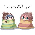  2girls beanie blanket blue_eyes blue_hair blush chibi eyebrows_visible_through_hair hair_between_eyes hat kagamihara_nadeshiko multiple_girls pink_hair shadow shima_rin translation_request twumi violet_eyes white_background yurucamp 