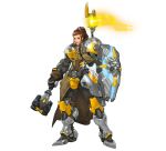  1girl armor blizzard_(company) brigitte_lindholm brown_hair full_body glowing highres looking_at_viewer mace official_art overwatch shield simple_background smile solo weapon white_background 
