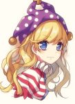  1girl american_flag blonde_hair blue_eyes clownpiece commentary_request eyebrows_visible_through_hair frilled_shirt_collar frills hat highres jester_cap kyouda_suzuka long_hair looking_at_viewer neck_ruff polka_dot short_sleeves solo star star_print touhou upper_body very_long_hair 