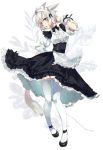  1girl animal_ears blue_eyes cat_ears cat_tail facial_mark final_fantasy final_fantasy_xiv full_body hisato_ar looking_at_viewer maid maid_headdress miqo&#039;te open_mouth short_hair signature simple_background solo tail thigh-highs white_hair wrist_cuffs 