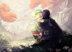  1boy 1girl 2018 :d ^_^ absurdres blush bondrewd closed_eyes dated flower gloves grass green_gloves green_hair helmet highres holding holding_flower hug hug_from_behind leg_up made_in_abyss multicolored_hair number one_knee open_mouth plant prushka signature skirt smile streaked_hair tree white_hair yao_(kiwi_hiu) 