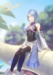  1girl aqua_(kingdom_hearts) bike_shorts blue_eyes blue_hair breasts cleavage commentary_request corset detached_sleeves fingerless_gloves gloves gogo_(detteiu_de) highres kingdom_hearts kingdom_hearts_birth_by_sleep legs medium_hair solo thigh-highs 