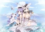  2girls ahoge aircraft airplane alicorn animal azur_lane biplane black_bow black_ribbon blue_eyes blue_sky bow breasts cleavage closed_mouth clouds commentary_request cup day detached_collar detached_sleeves dress elbow_gloves gloves hair_bun hat highres holding holding_cup illustrious_(azur_lane) large_breasts long_hair long_sleeves looking_at_viewer looking_to_the_side low_twintails marchen_noir multiple_girls one_side_up outdoors purple_hair ribbon saucer shallow_water shoes side_bun silver_hair sitting sky smile swordfish_(airplane) tea teacup thigh-highs twintails unicorn_(azur_lane) very_long_hair violet_eyes water white_dress white_footwear white_gloves white_hat white_legwear 