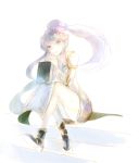  1girl bare_shoulders book boots dress fire_emblem fire_emblem:_seisen_no_keifu hairband jewelry kuzumosu long_hair ponytail purple_hair side_slit simple_background sitting smile solo tiltyu_(fire_emblem) violet_eyes white_background 