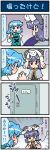  +_+ 4koma animal_ears artist_self-insert blue_eyes blue_hair blush clenched_hands closed_eyes comic commentary_request door embarrassed excited gradient gradient_background grey_hair heterochromia highres holding holding_umbrella jewelry juliet_sleeves kyubey long_sleeves mahou_shoujo_madoka_magica mizuki_hitoshi mouse_ears nazrin necklace open_mouth puffy_sleeves red_eyes shawl short_hair sitting sitting_on_head sitting_on_person smile sweatdrop tatara_kogasa touhou translation_request umbrella vest 