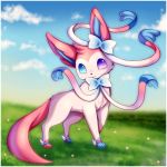  blue_eyes blue_sky closed_mouth clouds cloudy_sky commentary creature day flower foot_wings full_body grass head_tilt heterochromia looking_at_viewer midna01 pink_ribbon pokemon pokemon_(creature) pokemon_(game) pokemon_xy ribbon sky standing sylveon tail violet_eyes 