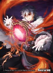  1boy bai_ye_liang belt cape fire force_of_will fur_trim gem gill_lapis_(force_of_will) gloves hair_ornament hairclip night night_sky official_art red_eyes sky solo teeth upper_body white_hair 