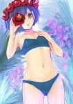  1girl :o absurdres armpits backlighting bangs bare_arms bare_shoulders bikini blue_bikini blue_hair breasts collarbone cowboy_shot darling_in_the_franxx day dutch_angle flower flower_wreath from_below grass green_eyes hand_on_own_chest head_wreath highres holding holding_flower ichigo_(darling_in_the_franxx) lips looking_at_viewer looking_down navel open_mouth outdoors short_hair small_breasts solo standing stomach swimsuit tareme teruru 