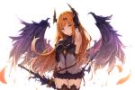  1girl armpits bangs bare_shoulders black_gloves black_wings blonde_hair blurry blush breasts closed_mouth dark_angel_olivia depth_of_field dress elbow_gloves eyebrows_visible_through_hair gloves granblue_fantasy hair_ornament highres horns looking_at_viewer red_eyes shaded_face sidelocks simple_background sleeveless smile solo suzuame_yatsumi thigh-highs upper_body white_background wings zettai_ryouiki 