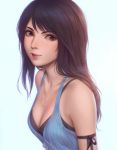  1girl arm_ribbon bare_shoulders black_bra black_ribbon blush bra brown_eyes brown_hair cleavage closed_mouth collarbone eyebrows final_fantasy final_fantasy_viii halter_top halterneck highres jewelry lips long_hair medium_breasts miura-n315 necklace no_pupils pendant portrait ribbon ring_necklace rinoa_heartilly sleeveless smile solo underwear upper_body 