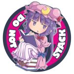  1girl :&lt; bangs blunt_bangs blush book book_stack chibi circle commentary_request crescent crescent_moon_pin dress english full_body hair_ribbon hat holding holding_book long_hair mob_cap no_nose no_symbol open_book outline patchouli_knowledge purple_dress purple_hair reading ribbon shoes sidelocks simple_background sitting_on_books solo striped striped_dress touhou tress_ribbon triangle_mouth very_long_hair violet_eyes zawa_(zawzawranran2) 