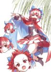  1girl bow cape disembodied_head hair_bow highres ksk_(semicha_keisuke) long_sleeves looking_at_viewer multiple_heads open_mouth red_bow red_cape red_eyes red_skirt redhead sekibanki short_hair skirt smile solo touhou 