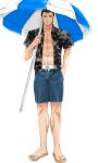  1boy abs alternate_costume black_hair brown_eyes fire_emblem fire_emblem:_thracia_776 fire_emblem_heroes full_body highres male_focus navel parasol pink_dynamite09 reinhardt_(fire_emblem) sandals shirtless simple_background solo swimsuit umbrella white_background 