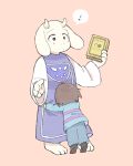  ! 1girl androgynous blue_sweater book brown_hair frisk_(undertale) from_behind full_body height_difference highres horns hug monster_girl pink_background robe sasa_kichi simple_background spoken_exclamation_mark standing striped striped_sweater sweater tiptoes toriel undertale 