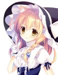  1girl :d animal_ears black_hat blonde_hair blue_ribbon braid breasts brown_eyes cat_ears center_frills eyebrows_visible_through_hair frills gloves grin hair_ribbon hat highres kemonomimi_mode kirisame_marisa long_hair looking_at_viewer moi_(licoco) open_mouth puffy_short_sleeves puffy_sleeves ribbon shiny shiny_hair short_sleeves simple_background small_breasts smile solo tareme teeth touhou underbust upper_body v v-shaped_eyebrows white_background white_gloves witch_hat 