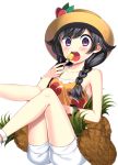  1girl absurdres black_hair bracelet braid breasts brown_hat character_request cleavage collarbone floral_print hat highres jewelry looking_at_viewer open_mouth pokemon shirt short_shorts shorts simple_background sleeveless sleeveless_shirt small_breasts solo sun_hat twin_braids twintails violet_eyes white_background white_shorts yuihiko 