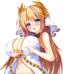  1girl azur_lane bangs bare_shoulders blonde_hair blue_eyes blush breasts chains cleavage commentary erect_nipples eyebrows_visible_through_hair flower_ornament grabbing_own_breast hair_ornament kuro75268 large_breasts laurel_crown long_hair looking_at_viewer navel open_mouth self_fondle sleeveless solo upper_body veil victorious_(azur_lane) 