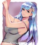  1girl aqua_eyes bare_shoulders blue_hair breasts commentary earrings hair_ornament hairclip jewelry lips long_hair looking_at_viewer medium_breasts nudtawut_thongmai original parted_lips signature smile solo strap_slip 