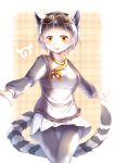 1girl :d absurdres bangs blunt_bangs blush commentary cowboy_shot extra_ears eyewear_on_head grey_hair grey_legwear highres japari_symbol kanzakietc kemono_friends lemur_ears lemur_tail long_sleeves looking_at_viewer multicolored_hair open_mouth orange_eyes outstretched_arms pantyhose pleated_skirt ring-tailed_lemur_(kemono_friends) short_hair silver_hair skirt smile solo spread_arms striped_tail sunglasses tail thigh_gap white_skirt