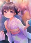  2girls :o bangs blurry blurry_background blush braid brown_eyes brown_hair clothes_grab commentary_request depth_of_field drawstring_bag eyebrows_visible_through_hair hair_between_eyes hair_ornament japanese_clothes kimono long_sleeves looking_at_viewer moe2018 multiple_girls obi original parted_lips print_kimono purple_kimono sash side_ponytail solo_focus usashiro_mani wide_sleeves 
