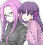  2girls :d breasts fate/stay_night fate_(series) glasses hair_ribbon hand_on_another&#039;s_shoulder heart large_breasts long_hair lowres matou_sakura mikaze multiple_girls open_mouth purple_hair ribbon rider side_ribbon signature smile sweater turtleneck turtleneck_sweater violet_eyes yellow_eyes 